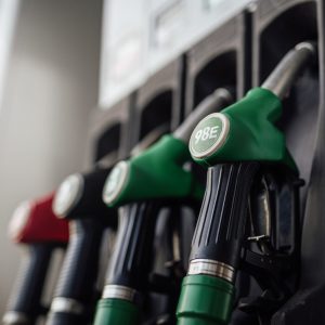 A bright photography of guns with various colours. Modern refueling station. No people.